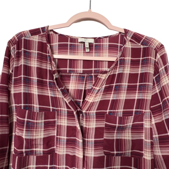 JOIE Nepal Plaid Silk Long-Sleeve V-Neck Women's TunicTop Blouse - Burgundy - Picture 14 of 16